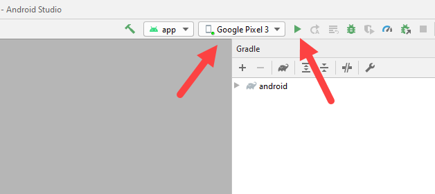 Android Studio Run Configuration The Android Studio interface with arrows pointing to the Run button and the connected device.
